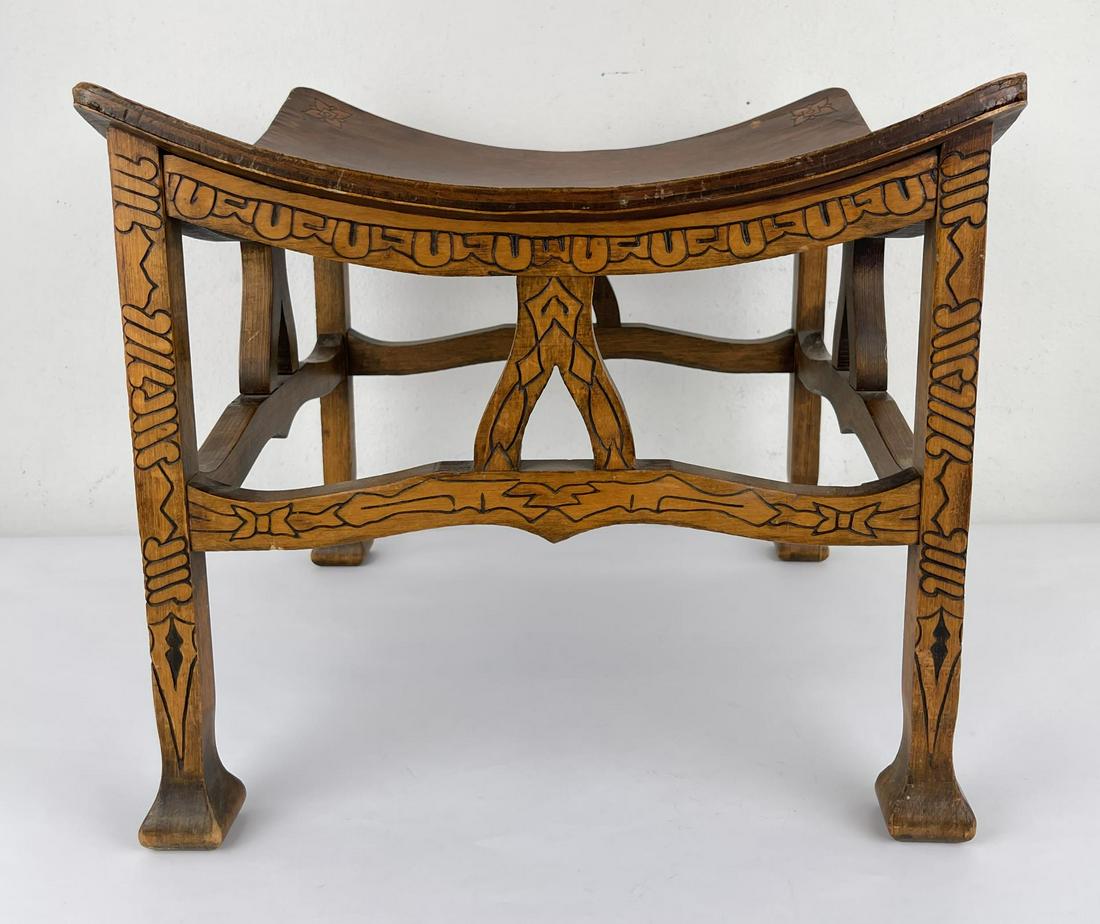 Antique Decorated Thebes Stool: 14.75" tall, 16.5" by 16.5" square.