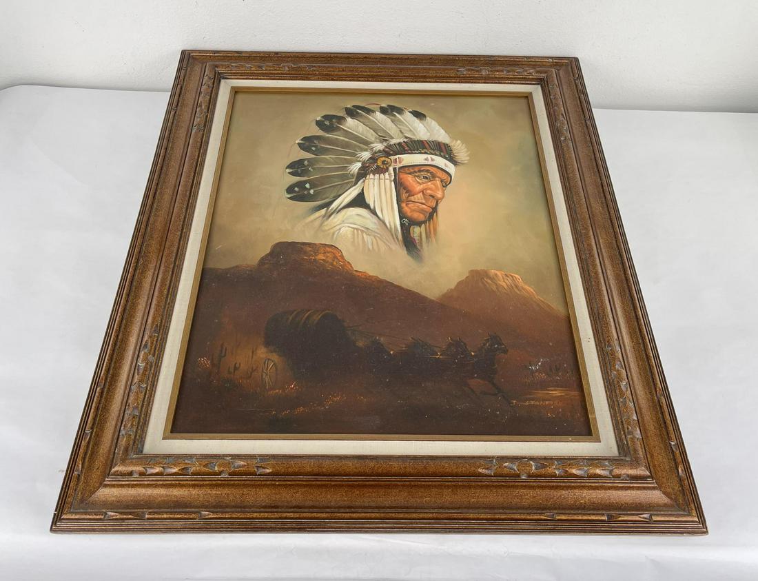 John Stanford Indian Oil on Canvas Painting: 27.5" by 31.5" framed. John Stanford (20/21st Century) is active/lives in Oklahoma. John Stanford is known for Western scene painting, cowboys, horses, Indians, landscape.