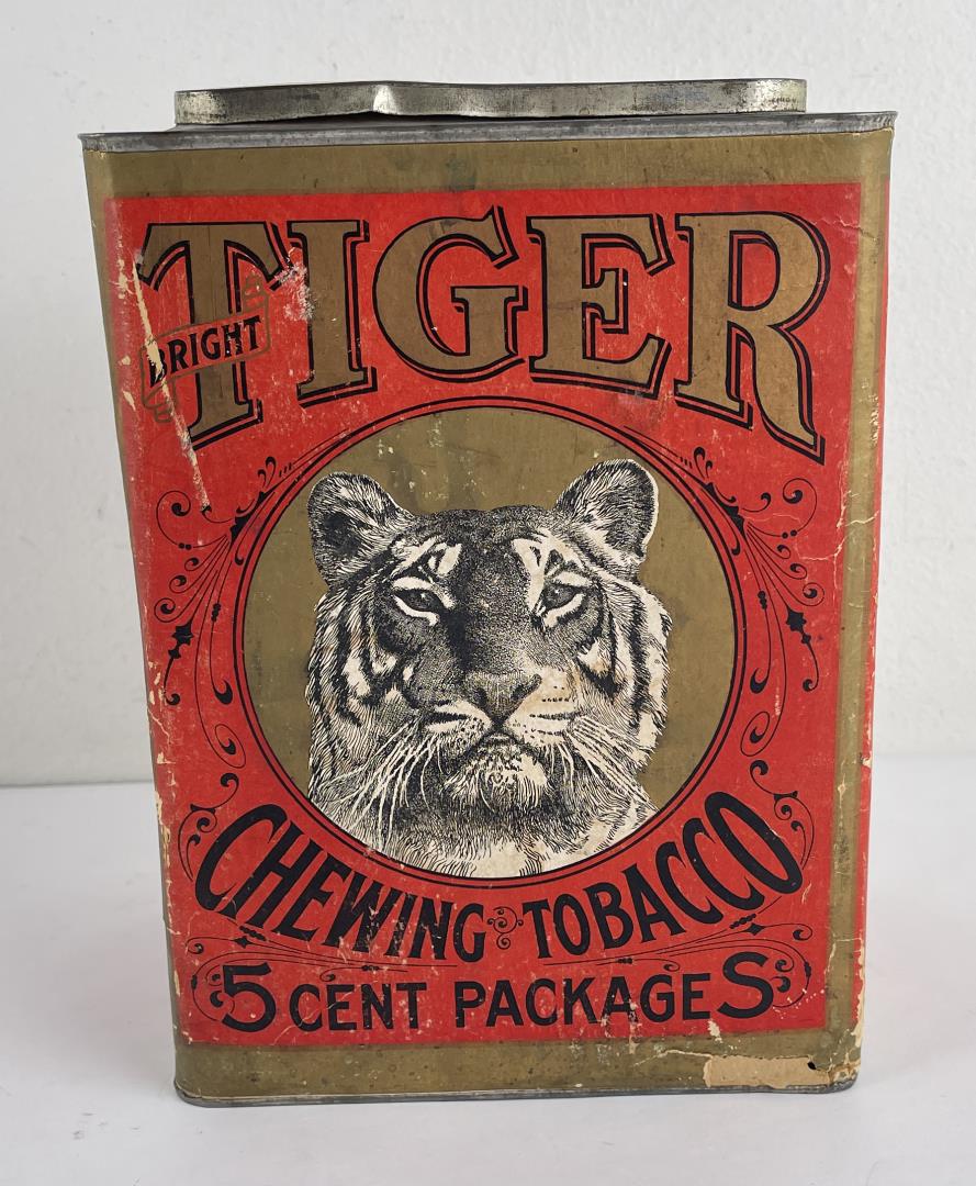 Paper Label Tiger Tobacco Store Counter Tin: Very nice old tin. Paper label. Store sized with 5 cent packages advertised. 11" tall.