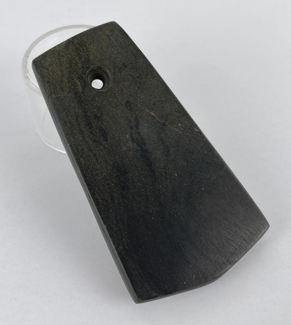 Ancient Native American Indian Banded Slate Gorget: 4.5" long, 2.5" wide. Guaranteed authentic and old. Provenance from an old Idaho collection.