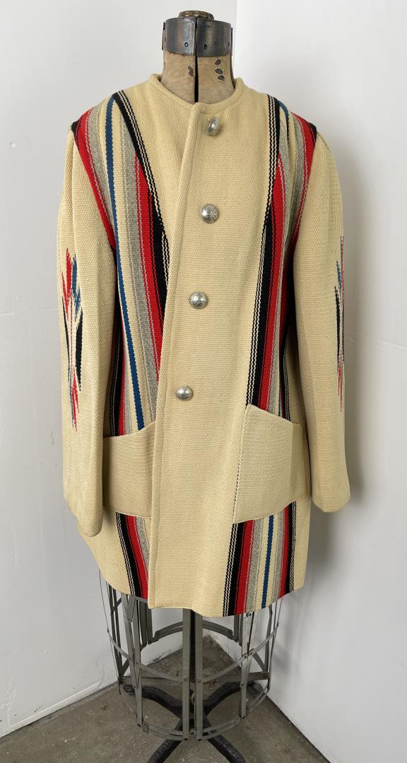 Vintage Ganscraft Chimayo Blanket Jacket Coat: Very nice jacket. Ganscraft label. Size 14. Yellowed from age. 20.5" chest, 32" long.