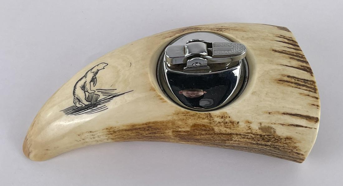Antique Eskimo Inuit Scrimshaw Whale Tooth: Lighter with polar bear scrimshaw. 5 1/2" long. Allard Auction Collection Inv: AA1 50865