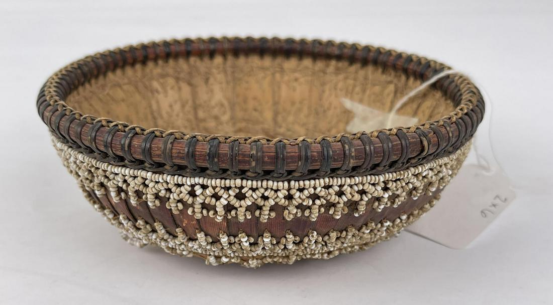 Antique African Beaded Basket: Very nice old basket. 6" diameter, 2 1/4" tall. Allard Auction Collection Inv: FOX