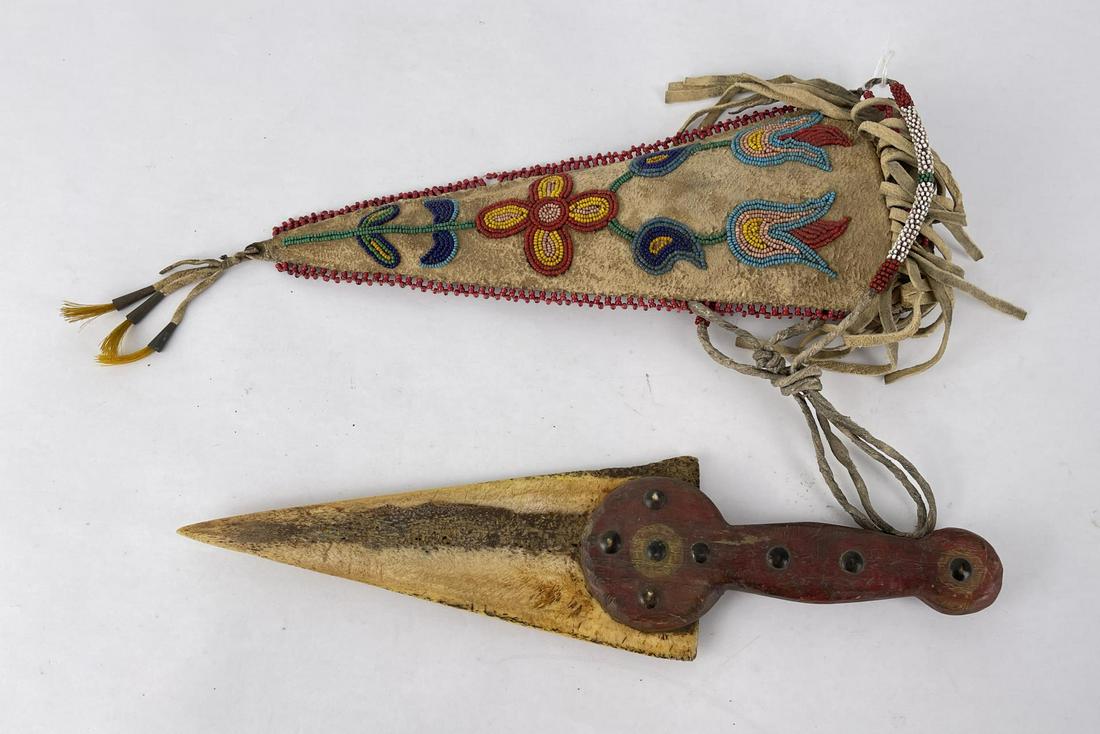 Antique Cree Indian Beaded Dag Knife Sheath: Nice old Dag and sheath. Dag blade is made from buffalo bone. Second half of the 19th Century. Dag is just over 8" long. Allard Auction Collection Inv: CRI 47969