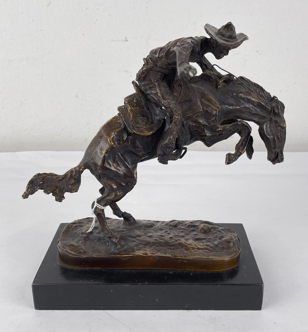 Frederick Remington Bronc Buster Bronze: 11" tall, 10" long. Missing the quirt. Allard Auction Collection Inv: AX