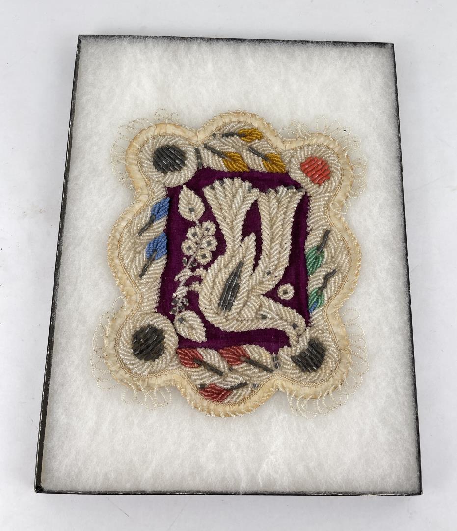 Antique Iroquois Indian Beaded Bag Face: Could have been a bag face, a wall pocket, or a pin cushion. 8 3/4" by 10 3/4". Allard Auction Collection Inv: ADW 10518
