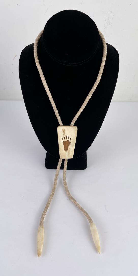 Alaskan Inuit Eskimo Bear Paw Bolo Tie: Very finely crafted. Not signed. Allard Auction Collection Inv: NLS 45315