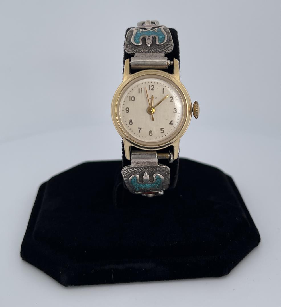 Zuni Sterling Silver Inlaid Watch Band: Ladies size. Watch band on Timex watch. Allard Auction Collection Inv: MYB
