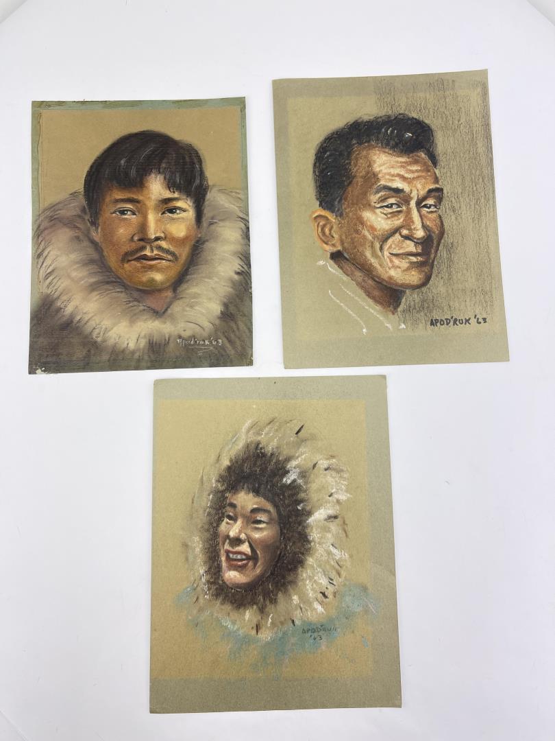 Eskimo Inuit Alaskan Pastel Drawings: Signed Apodruk. Possibly Harry Apodruk. 9" by 12" and 8 5/8" by 11". Allard Auction Collection Inv: BRG 10833