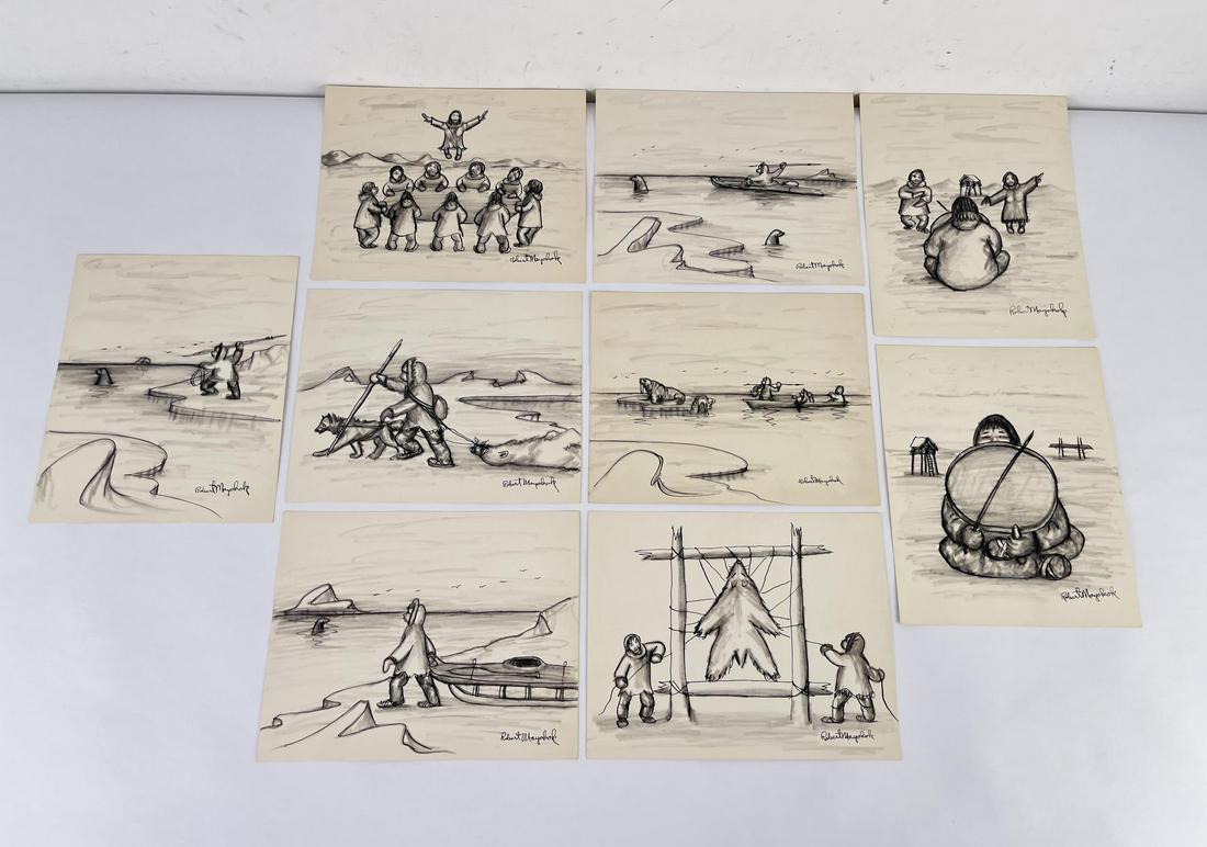 Alaskan Inuit Eskimo Robert Mayokok Drawings: Lot of 9 original drawings. Born in Wales, Alaska, Robert Mayokok became a painter of subjects depicting his culture. He was a resident artist at the Alaska Treasure Shop for eighteen years, talking t