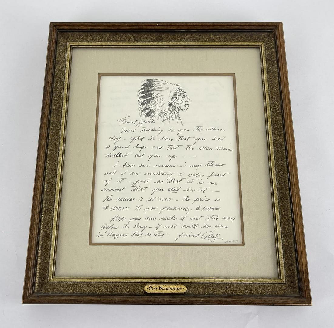 Olaf Carl Wieghorst Letter Pen and Ink Drawing: Pen and Ink. 13 3/8" by 15 3/8" framed. Provenance: Ex CM Russell Art Museum on loan by Jack Mahood Great Falls Montana. Born in Viborg, Denmark, Olaf Wieghorst was a child acrobatic performer from th
