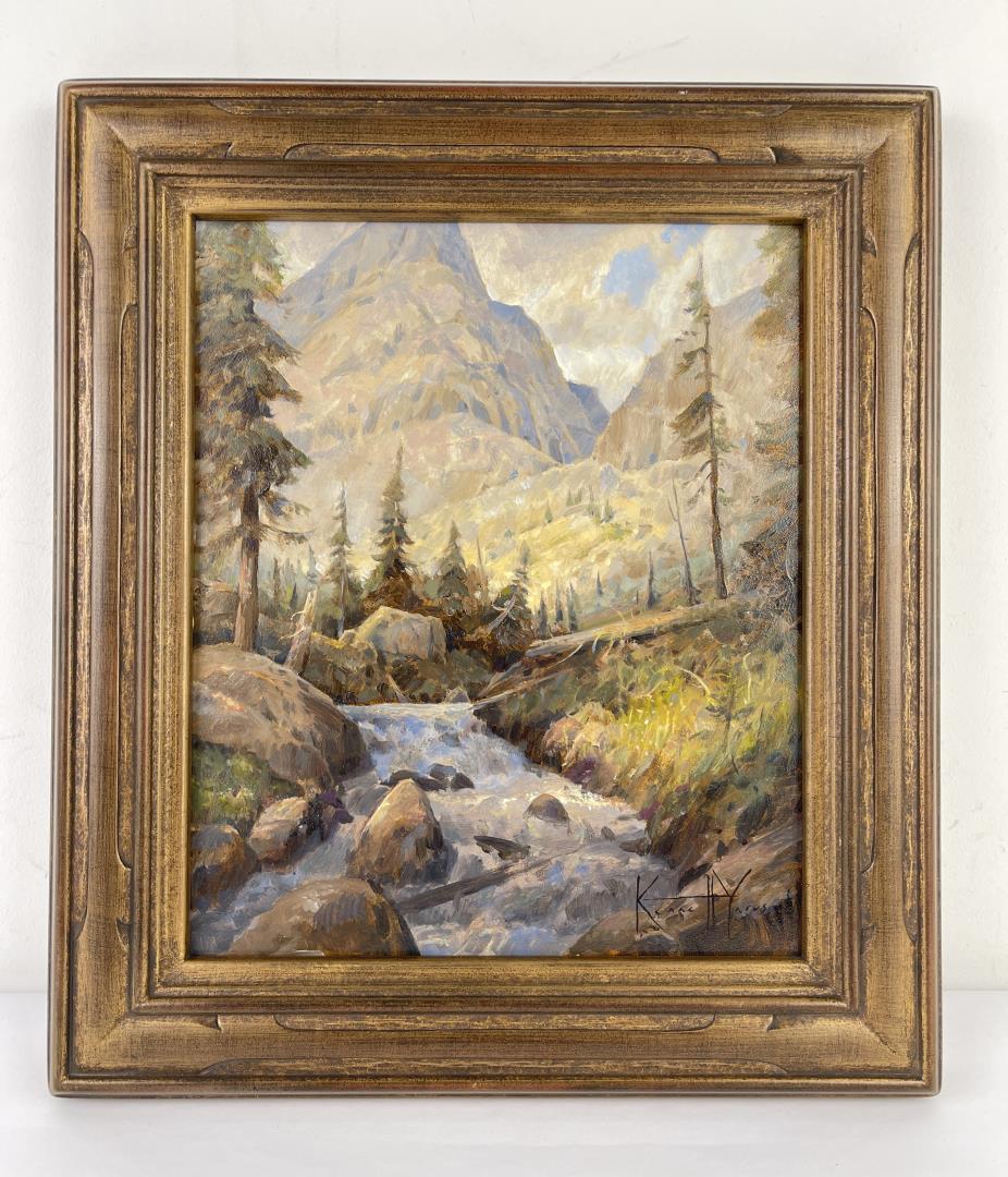 Kenneth Yarus Glacier Park Montana Painting: Title is "Searching for the Source". 10" by 12" unframed, 13 3/4" by 15 3/4" framed. Artist statement on back: "The shores of St. Marys Lake do a great job of making a person small. The good thing is