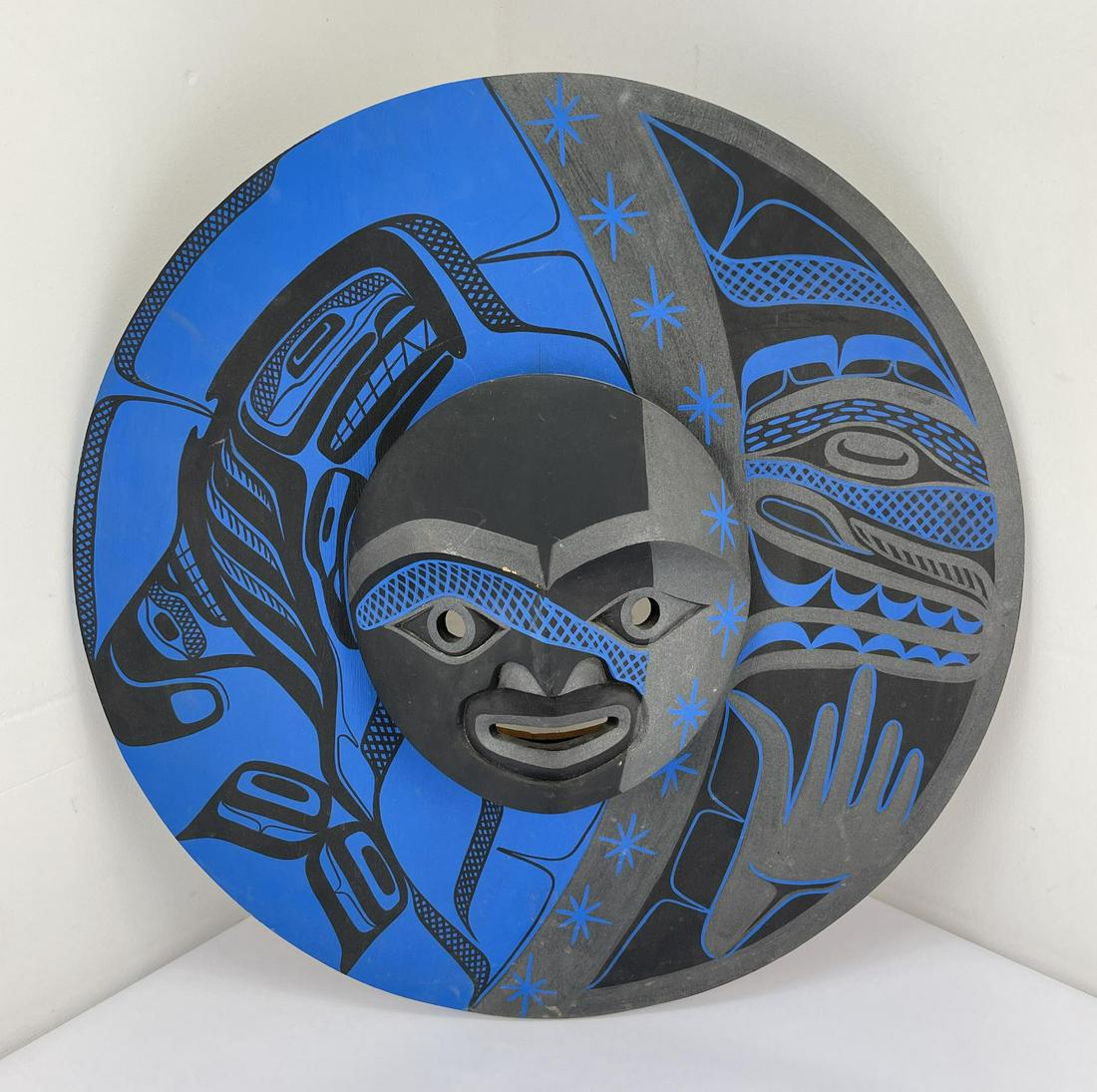 Patrick Amos Eclypse Killer Whale Moon: Northwest Coast Indian Made. Artist is Patrick Amos. Wonderful piece. Painted Cedar. 24" diameter. Patrick Amos (Born 1957) is active/lives in Canada. Patrick Amos is known for Sculpture, masks.
