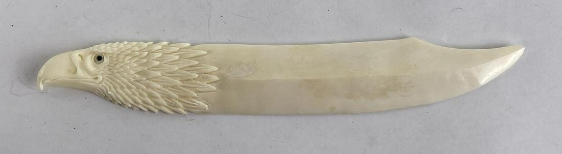 Alaskan Inuit Eskimo Walrus Eagle Letter Opener: Made from walrus tusk. Scrimshawed and carved. End of letter opener is a bit rough as shown. 7 1/2" long.