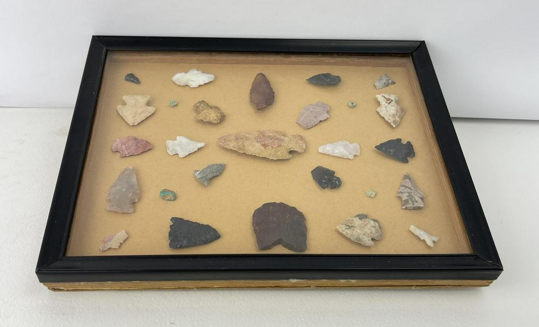 Ancient New Mexico Indian Arrowheads: Very nice frame of points. All of them are identified on the back as shown. Frame is 8" by 10".
