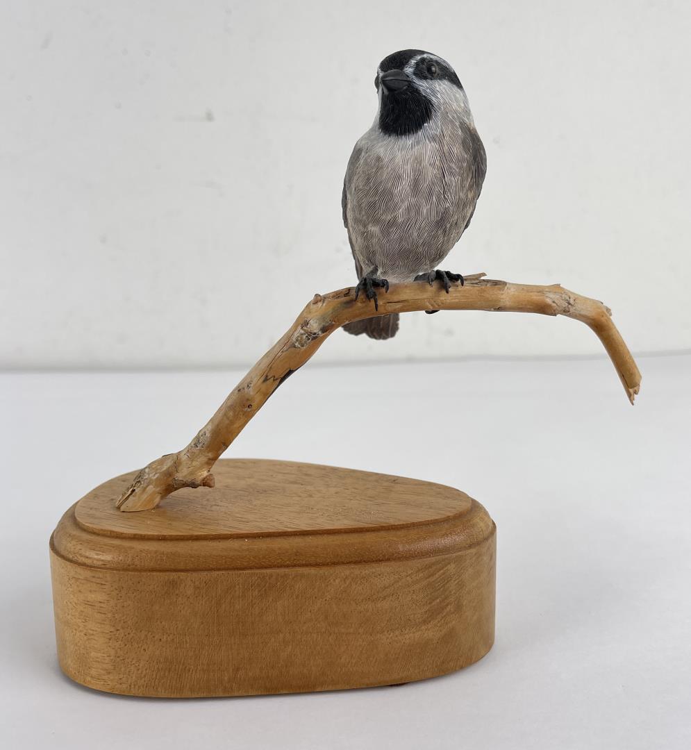 Mountain Chickadee Wood Carving Jon Austin: 7" tall, 5" base diameter. Jon Austin is an award winning carver and sculptor who has recently moved into the realm of abstract art. A full time artist since 1986. His art has been featured in Dana Ga
