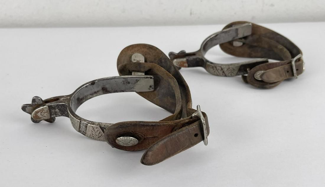 Antique Crockett Montana Cowboy Spurs: Nice pair of silver overlay spurs. Marked on the shank.