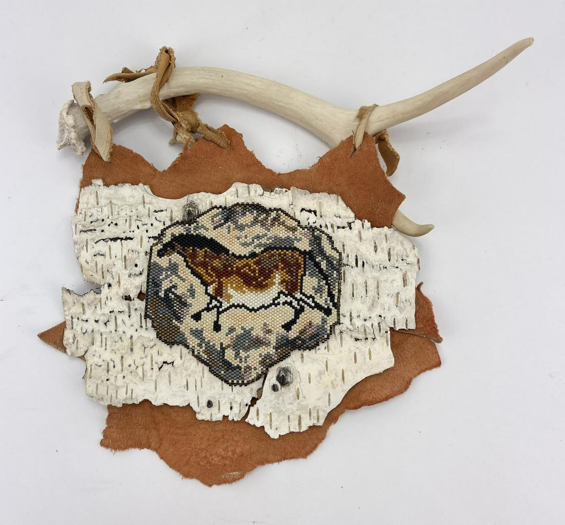 Native American Indian Beaded Birch Bark: Birch bark on leather hung from horn. 9" long.