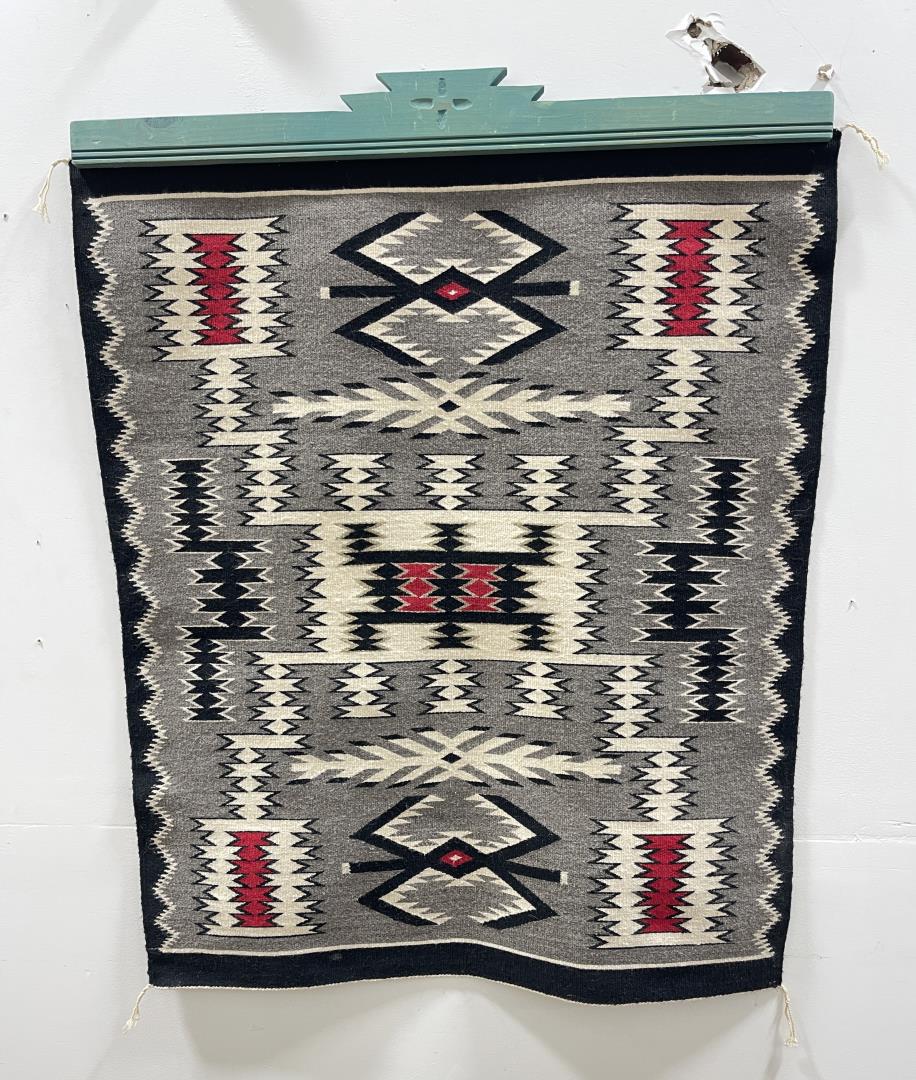 Very Fine Navajo Storm Pattern Indian Rug: 36" by 42". Includes wall mount. Finely made. No damage.