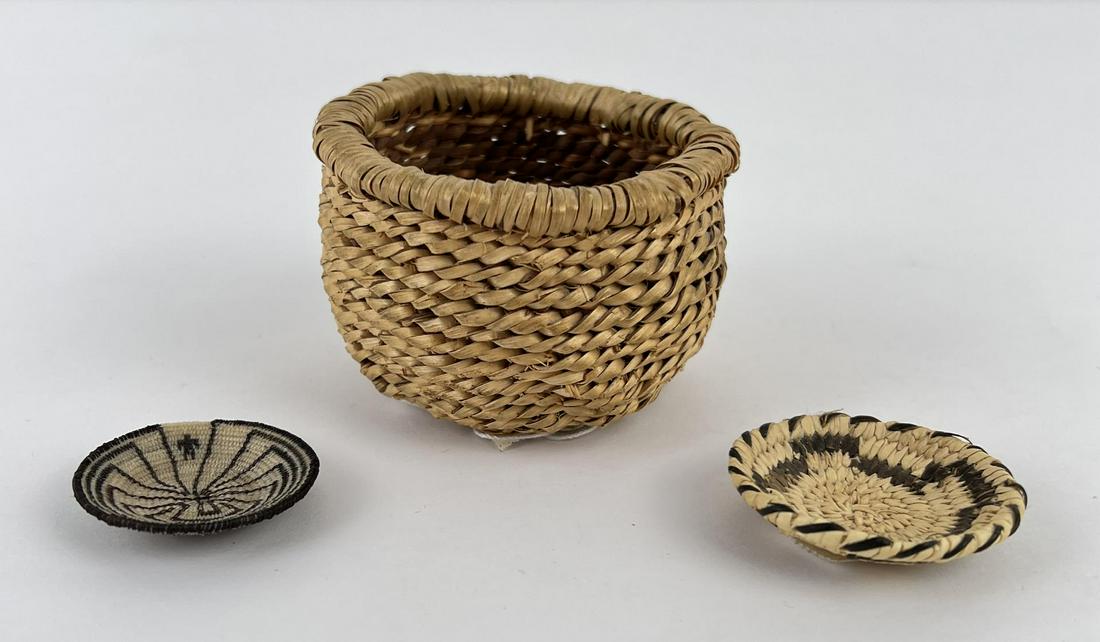 Collection of Miniature Indian Baskets: Very nice grouping. One is a man in a maze pattern woven from horsehair. The other is papago, and the third appears to be coastal. Allard Auction Collection Inv: BAR 17142