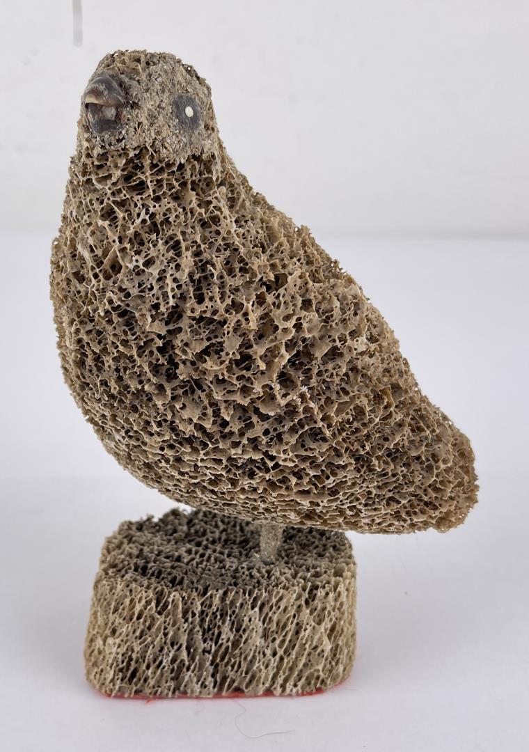 Alaskan Inuit Whale Bone Bird Carving: Inlaid eyes and beak. 5 3/4" tall. Allard Auction Collection Inv: NO TAG