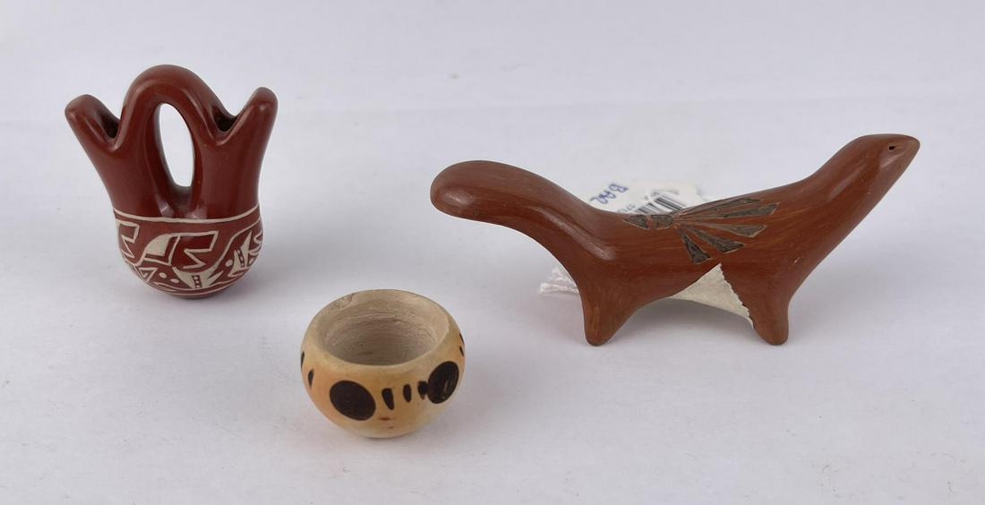 Miniature Hopi Indian Pottery Pieces: Small pot is by Rachel Nampeyo, Wedding vase is by Mary of Santa Clara Pueblo, San Ildefonso Pueblo squirrel is by Alfred Aguilar. Allard Auction Collection Inv: BAR 17137