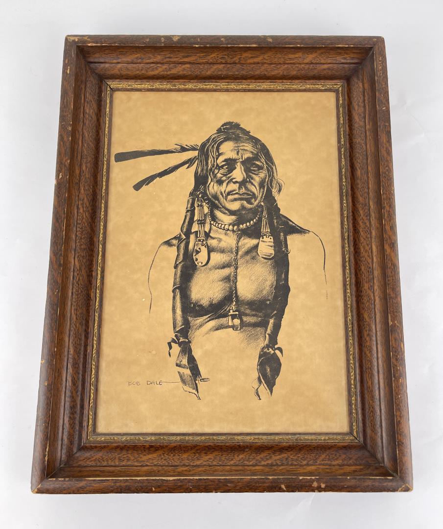 Bob Dale Indian Drawing: 14 1/2" by 19 1/4" framed. Bob Dale was born in San Antonio, Texas in 1927 and grew up in Brownsville, Texas. He began drawing from the time he could hold a pencil and hasn't stopped since. He entered