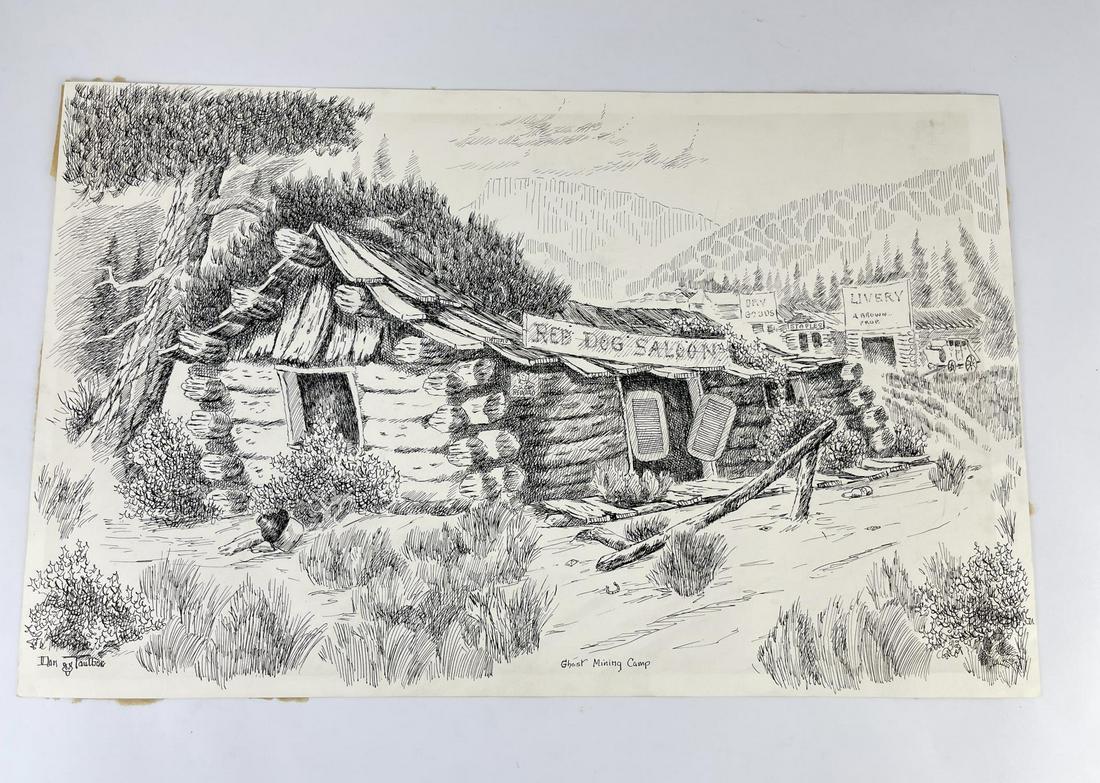 Lone Wolf Dan Taulbee Montana Pen and Ink Drawing: 14 1/2" by 23". Dan J. Taulbee (1924 - 1987) was active/lived in Montana. Dan Taulbee is known for Western painting. Mr. Taulbee used the name "Lone Wolf" on some of his works. The one I have shows a 