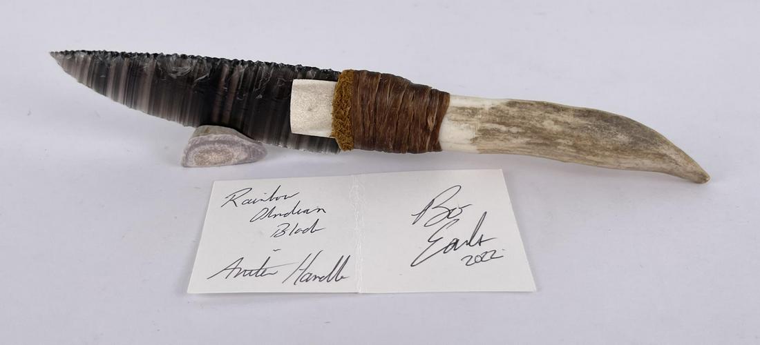 Bo Earls Handmade Obsidian Horn Handle Knife: Handmade by Bo Earls. Bo is one of the finest modern flint and obsidian knappers. His knives are some of the nicest money can buy. The handle is whitetail deer horn. 8" long including handle.