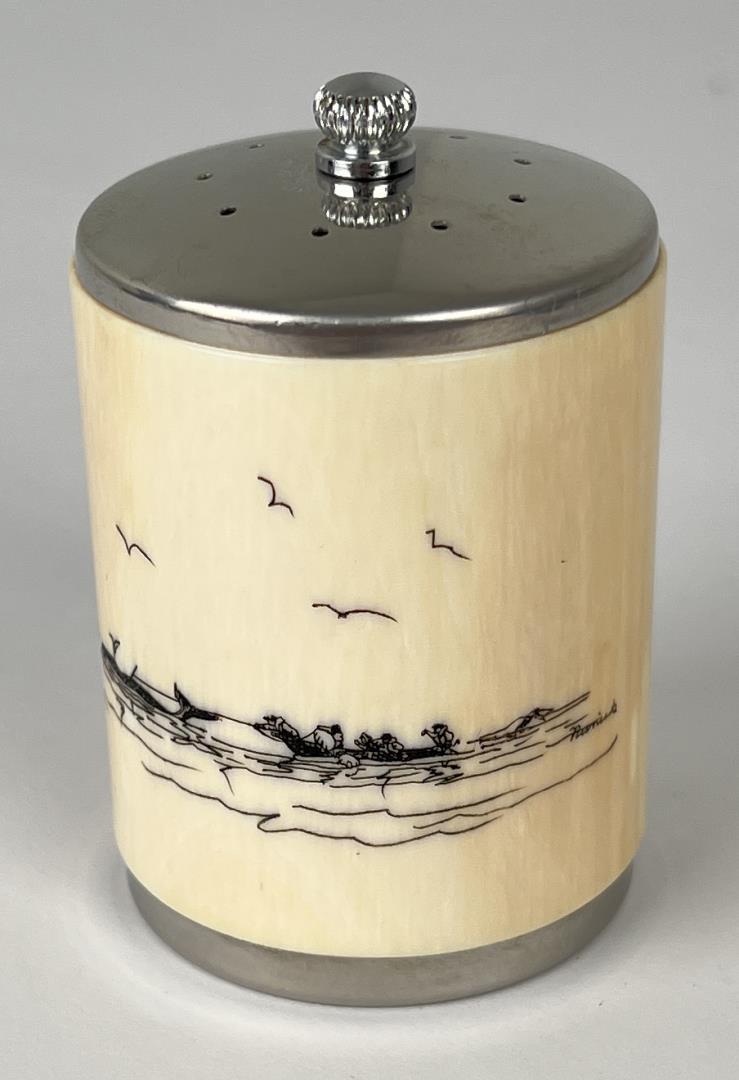 Alaskan Inuit Eskimo Salt Shaker: Very nice scrimshawed salt shaker. 3 1/4" tall.