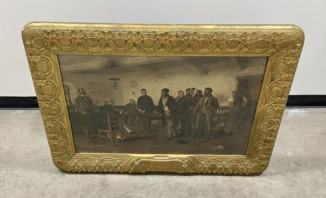Bihari Sandor Biro Elott Hungarian Print: Very nice framed print. Entitled Before the Judge or Gypsy Judge. 31" by 41 1/2".