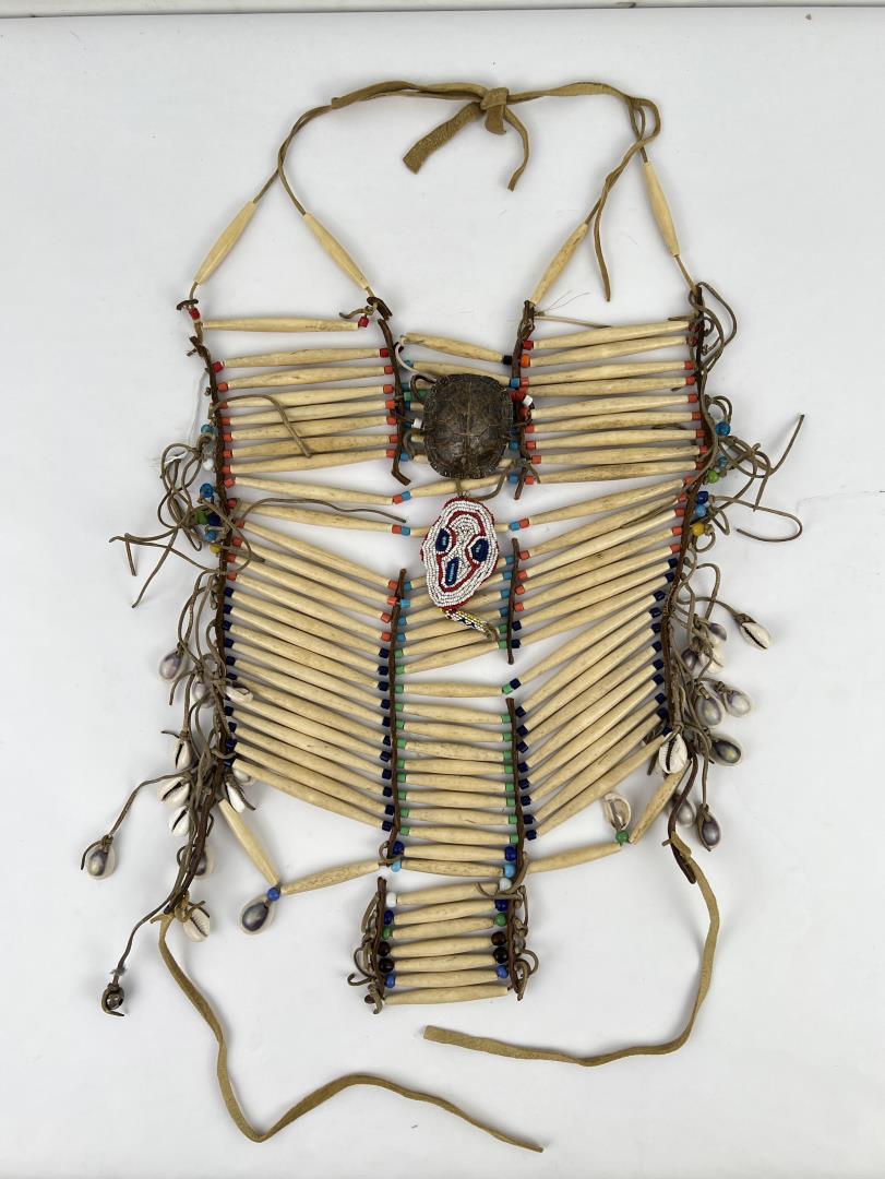 Plains Indian Bone Hair Pipe Breastplate: Nice older breastplate. First half of the 20th Century. 14" by 22". Neck loop is broken as shown. Allard Auction Collection Inv: NO TAG