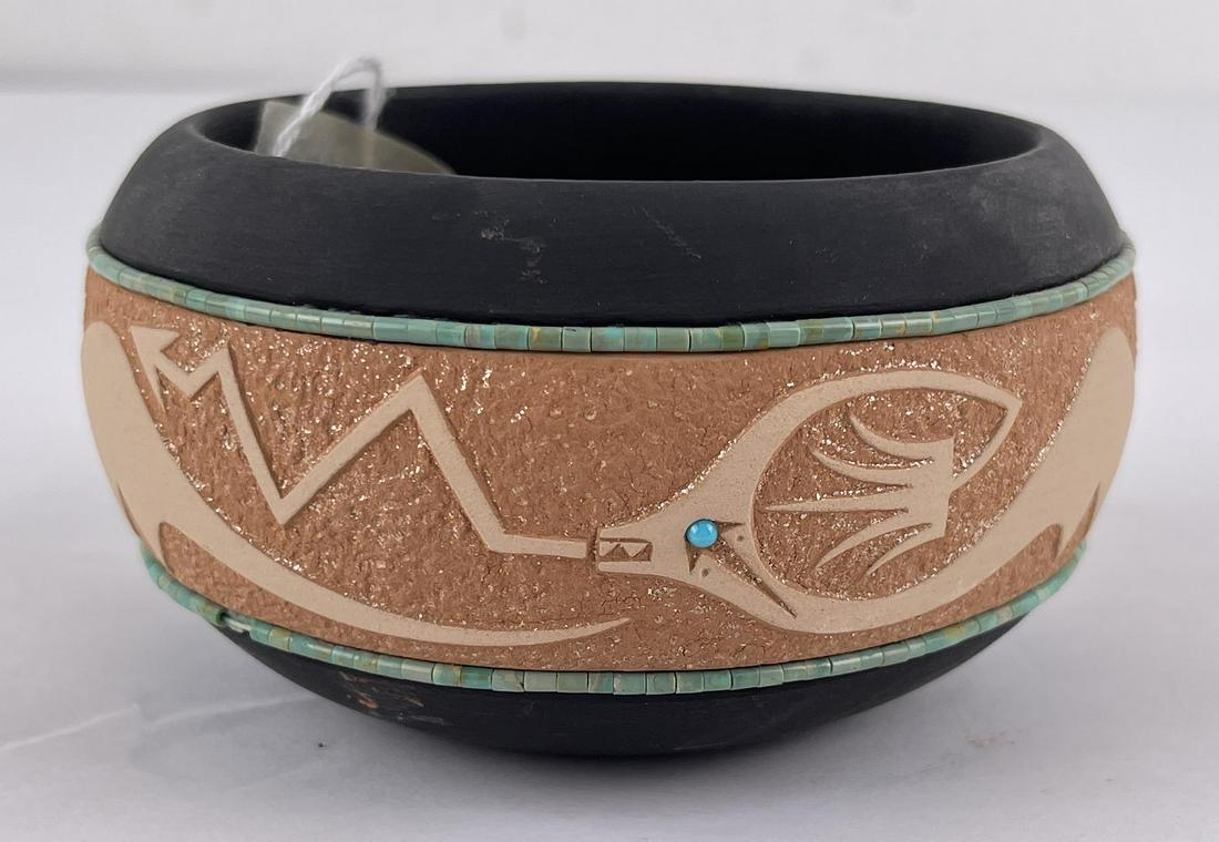 San Ildefonso Pueblo Indian Pottery Bowl: Signed as shown. Measures approximately 2.5" tall by 4" wide. Allard Auction Collection Inv: AX 18554