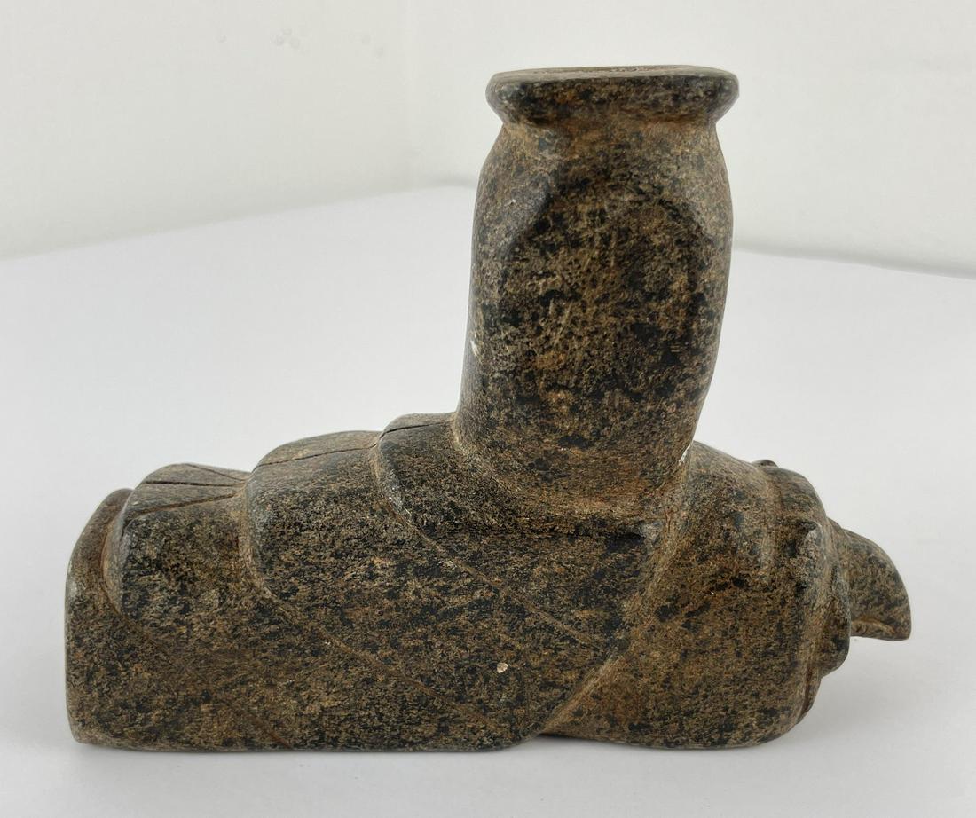 Steatite Native American Indian Bird Effigy Pipe: 7" long, 5 1/4" tall. Very nicely made.