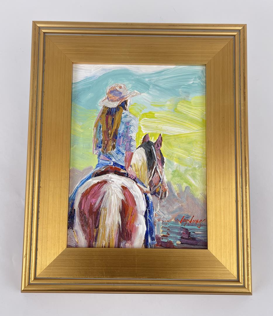 Jay Jung Oil On Canvas Cowgirl Painting: 9" by 12" unframed. 13 3/4" by 16 3/4" framed. American Impressionist Artist JAY JUNG - located in New York City, USA. Artist JAY JUNG was born in South Korea in 1955 and moved to New York City in 198