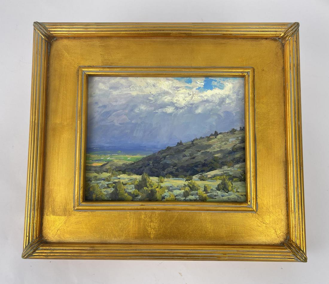 Taylor Lynde Raining Below in Town Oil on Board: Very nice plein air painting. 13 3/4" by 15 3/4" framed, 8" by 10" unframed. Taylor Lynde is a fourth generation resident of Montana. His career has been influenced by two men, artist Scott Switzer an