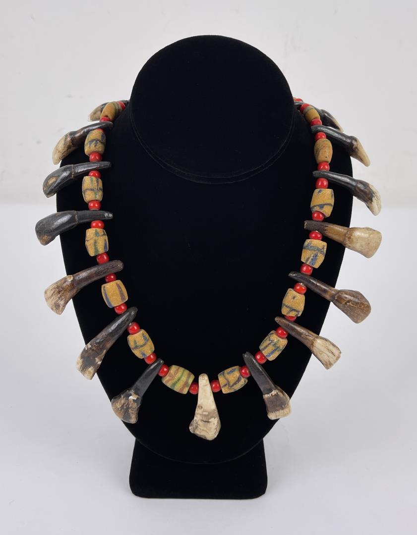 Plains Indian Buffalo Tooth Necklace: Very Nice. Trade Bead and Fossil Buffalo Teeth.