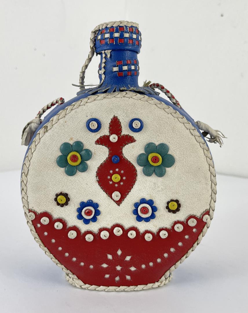Yugoslavian Rakija Leather Covered Canteen: 7 1/2" tall.