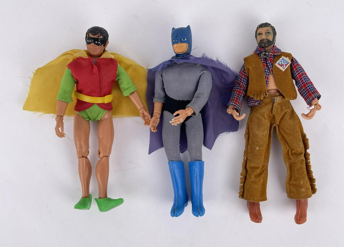 Collection of Mego Action Figures: Batman, Robin, and Action Jackson.