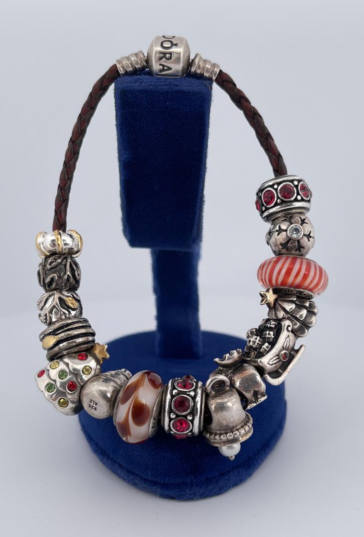 Pandora Sterling Silver Charm Bracelet: 15 Total charms, Christmas themed.