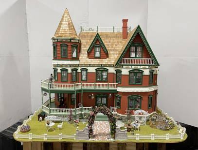 Exceptional Large Custom Wood Dollhouse: Wonderful Victorian style doll house. Fully articulating, doors open, several sections open to reveal the interior. Each room is lighted as shown, with electrical plug ins. Huge grouping of extras inc