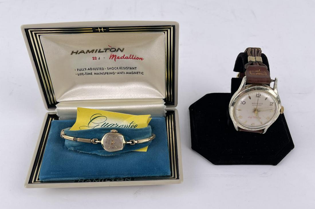 Westclox and Hamilton Watches: Nice pair of watches, the ladies Hamilton is in the original box.