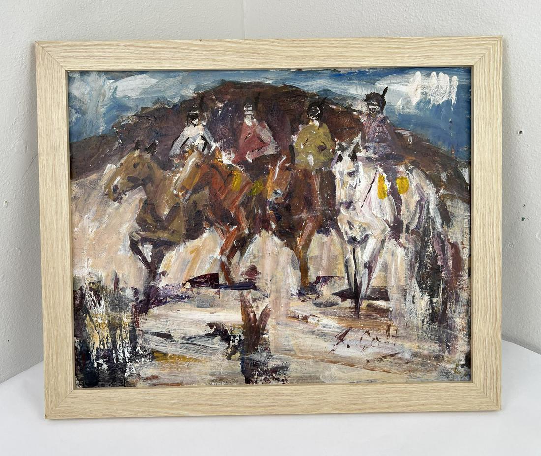 James Lee Colt Oil on Board Painting: Indian War Party. 18" by 22" framed. James Lee Colt (1922 - 2005) was active/lived in California, Arizona, Kansas, Missouri. James Colt is known for Impressionist paintings-western genre, landscape. J