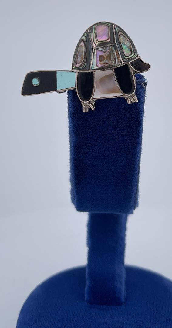 Zuni Inlaid Sterling Silver Turtle Brooch (1 of 3)