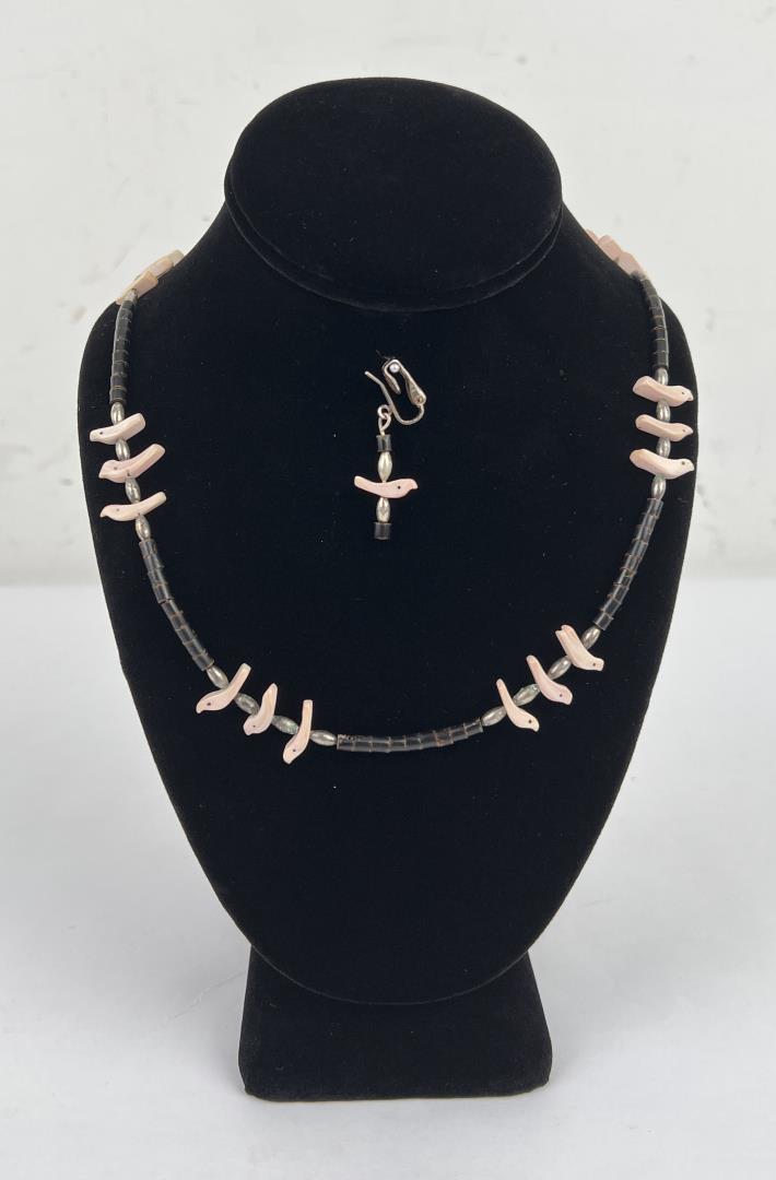 Zuni Heishi Bird Fetish Necklace: Necklace and a single earring.