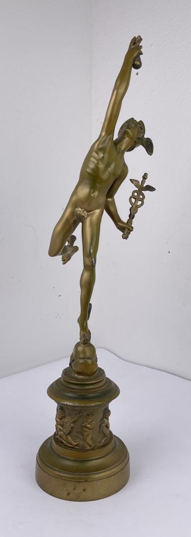 After Giambologna Mercury Hermes Statue: 26 3/4" tall, 6" diameter. Dates to the late 19th Century. Giambologna (1529 - 1608) was active/lived in Italy, Belgium, France. Giambologna is known for Mannerist figure sculpture. Giambologna, born 