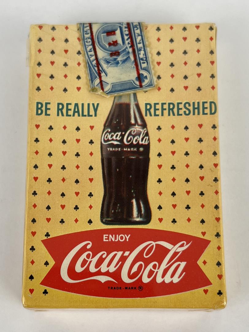 Vintage 1961 Coca-Cola Bowling Playing Cards: 1961 deck of Coca-Cola playing cards featuring a "Bowling Alley" theme. The deck being offered here is Mint Sealed in the original box, as issued. This deck was not issued with cellophane. The box is 