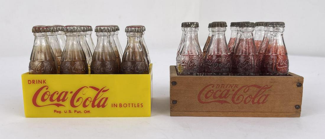 Coca Cola Mini Bottles: Plastic and Wood Crates.