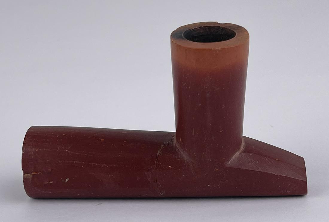 American Indian Pipestone Peace Pipe Bowl: Has been broken and repaired. 4" long. 2 3/8" tall. Allard Auction Collection Inv: VGL 12848