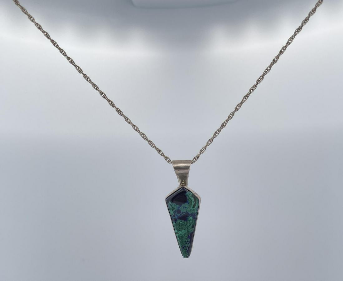 Paiute Sterling Silver Malachite Azurite Necklace: Made by Michael Rogers of the Paiute. Allard Auction Collection Inv: KAP 27110